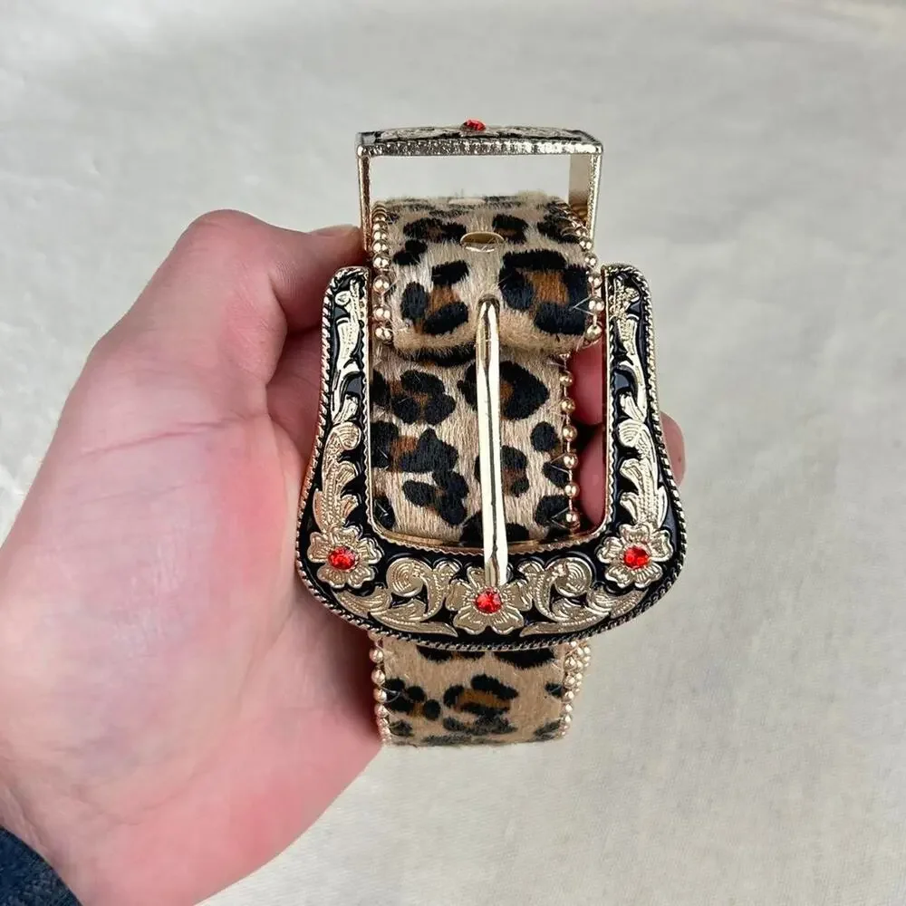 Vintage style cheetah leopard print fur belt western tan and brown bedazzled